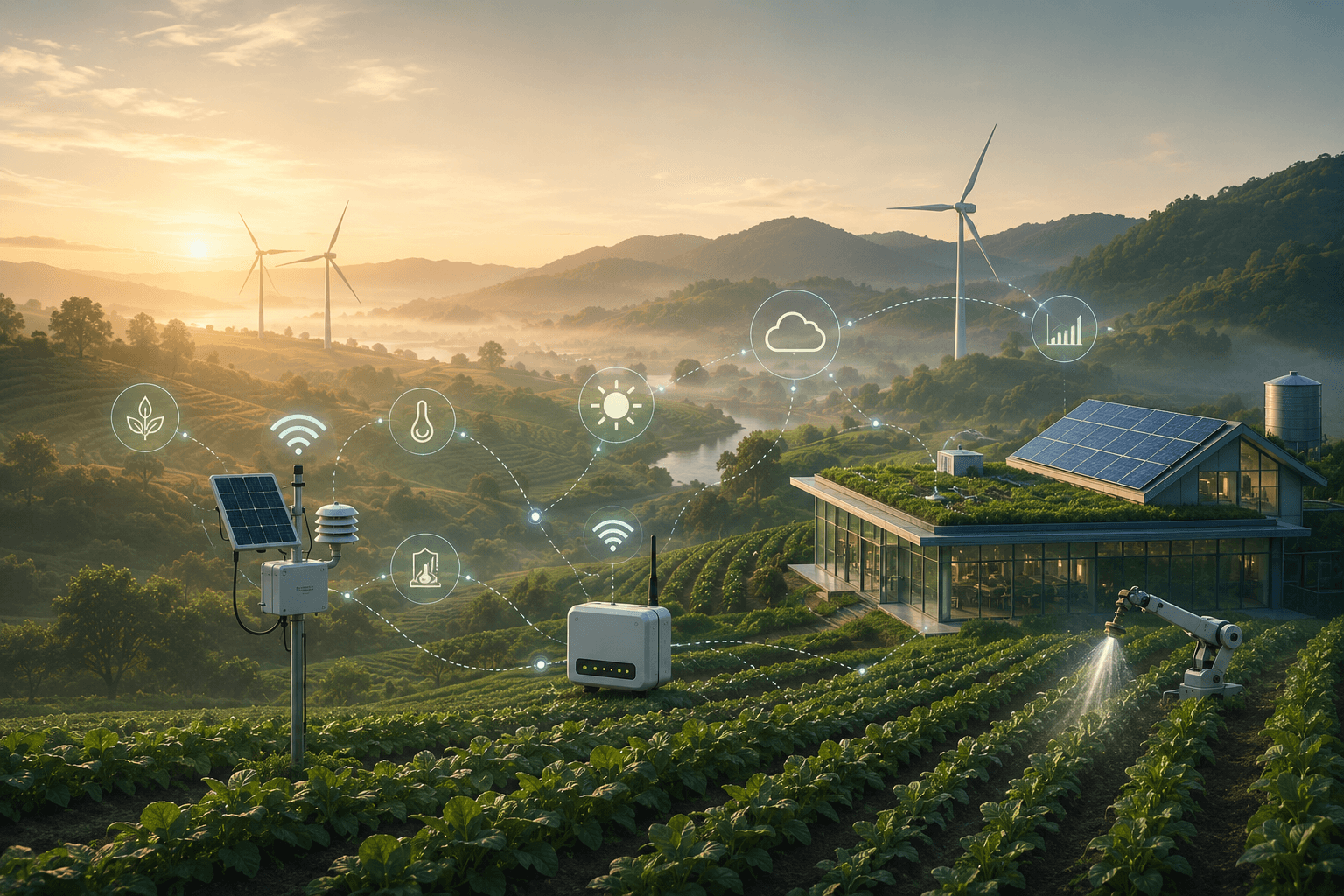 Connected agricultural fields equipped with sensors, solar power, and autonomous irrigation